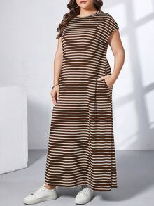 SHEIN Essnce 大码休闲条纹圆领蝙蝠袖连衣裙 - 棕色 - 查看 5