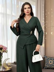 Modelyn Bộ 2 món thanh lịch dành cho nữ cỡ lớn, áo sơ mi dài tay nhún bèo kim loại và quần ống rộng - xanh quân đội - Xem 7