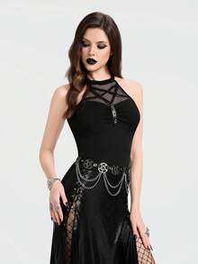 Breakform Áo tank top ôm sát kiểu Gothic gợi cảm dành cho nữ, cổ tròn, khoét rỗng, họa tiết hình thoi, lưới, xếp ly, dây da giả trang trí, khóa kim loại hình chữ D. - màu đen - Xem 5
