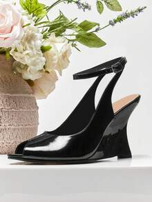 SHUZIA Ladies Peep Toe Ankle Strap Wedge Sandals - Black - View 6