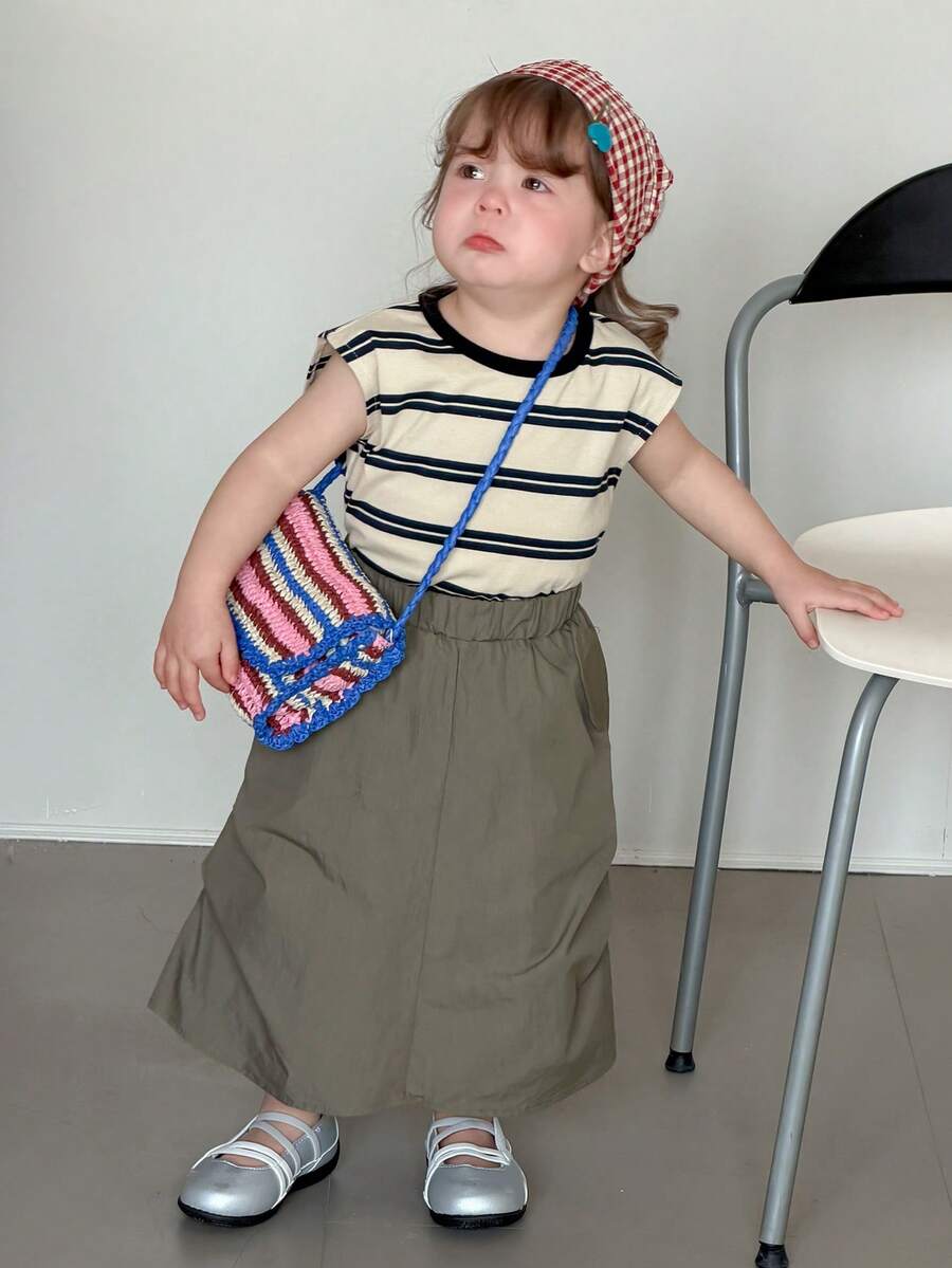 DAZY Toddler Girls' Round Neck Striped Korean Style T-Shirt And Skirt 2-Piece Set - Army Green - View 1