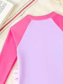 SHEIN Toddler Girl Island & Palm Tree Print Long Sleeve Zipper One-Piece Swimsuit, Cute Ruffle Raglan Sleeve Sun Protection Swimwear - Hot Pink - View 7