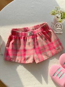 CovetEZ Women's Letter Printed Elastic Waist Patch Casual Shorts, Non-Stretch - Pink - View 3