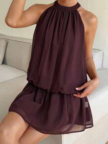 DAZY 女士优雅纯色露背无袖迷你连衣裙，夏季婚礼宾客礼服，女士吊带裙 - 棕色 - 查看 8