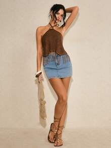 Poéselle 女士西部风流苏下摆休闲露背上衣，适合嘉年华、可爱夏季、外出、优雅、度假、海滩等场合，春夏皆宜。 - 棕色 - 查看 4