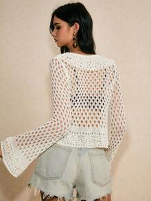 Poéselle 女士纯色V领插肩喇叭袖镂空荷叶边开衫 - 白色 - 查看 2