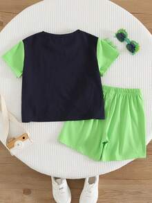 SHEIN Toddler Boy Clothes Cartoon Dinosaur Print Short Sleeve T-Shirt And Shorts 2 Piece Set,Kids Green Summer Outfit For School,Daily Casual,Party,Vacation - Multicolor - View 6