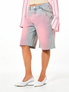 SUMWON WOMEN Knee Length Denim Ombre Bermuda Shorts With Pink And Blue Tie Dye Wash Effect High Rise Baggy Fit Raw Hem - Blue - View 4