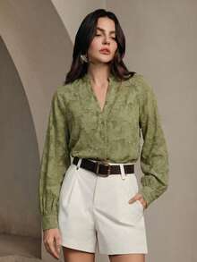 Anewsta 女士优雅高档提花面料衬衫，春季 - 橄欖綠 - 查看 1