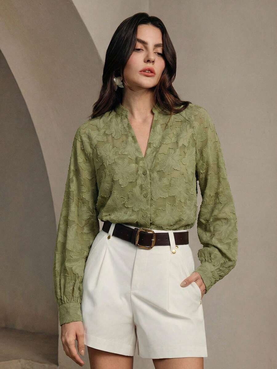Anewsta 女士优雅高档提花面料衬衫，春季 - 橄欖綠 - 查看 1