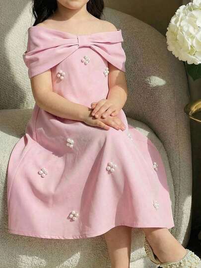SHEIN Young Girl Sleeveless Solid Color Beaded Off Shoulder Casual Dress Bow Knot Shoulder Dress Elegant Pink Bow Girls Dress Pink Dresses For Kids Cute Dresses For Girls Pink Dress For Tweens Daisy Dress Pink Flowerance Dress For Teens Girl Pink Kids Dress 4 Year Vintage Pink 2 Piece Dress