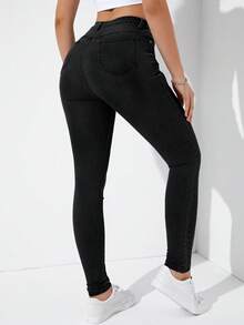 Jeanoix 女士休闲日常通勤修身紧身牛仔裤 - 黑色 - 查看 2