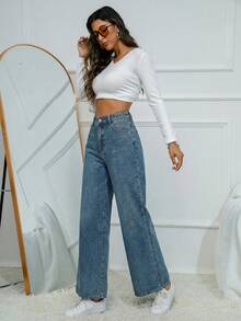 Flexra Pantalones vaqueros rectos de unicolor, sueltos y casuales con presillas para cinturón - Azul lavado medio - Ver 5