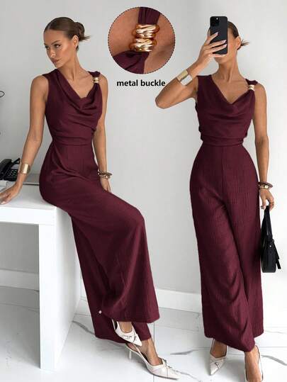 Siren Gaze Women's Asymmetric Neck Draped Ruched Waist Jumpsuit, Sexy Elegant Commuter Romper, Metal Button Accent Jumpsuit, Holiday Jumpsuit, Fashionable, Commute, Elegant, Sexy, Holiday, Beach, Hawaii, Draped Neck