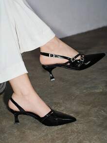 秋冬新款女士夏季UR黑色漆皮小猫跟凉鞋，带搭扣，尖头高跟鞋，情人节、优雅、派对必备 - 黑色 - 查看 4