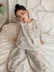 DAZY Girls (Small) Lace Doll Face Ditsy Floral Long Sleeve Pajama Set - Light Grey - View 4