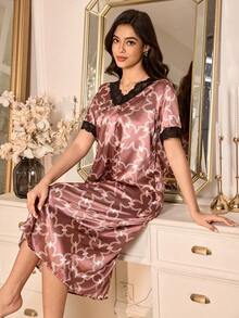 LuxeNights Nuisette vintage à manches courtes avec garniture en dentelle florale pour femmes - Multicolore - Voir 4