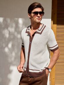 Manfinity CityGents 男士休闲撞色滚边短袖针织上衣，夏季 - 杏色 - 查看 4