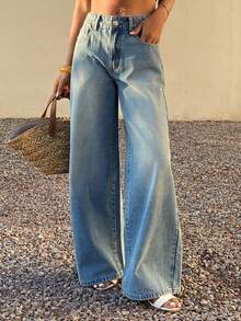 DAZY 女士低腰水洗宽松直筒牛仔裤，休闲街头风 - 淺色水洗藍 - 查看 3