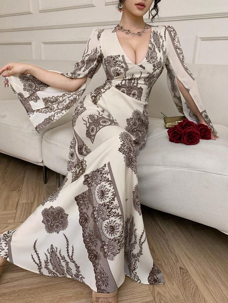 Spring & Summer Floral Print Bohemian Style Dress, Elegant For Valentine's Day, Wedding, Party, Formal Occasion, Fashion Event, Commute, Trumpet Sleeve, High Slit, Waist Cinched, Long Sleeve, Mid-Length For Women Sundress