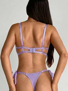 Aloruh 2件套女士天蓝色刺绣蕾丝肩带内衣文胸和内裤套装 - 紫色 - 查看 3