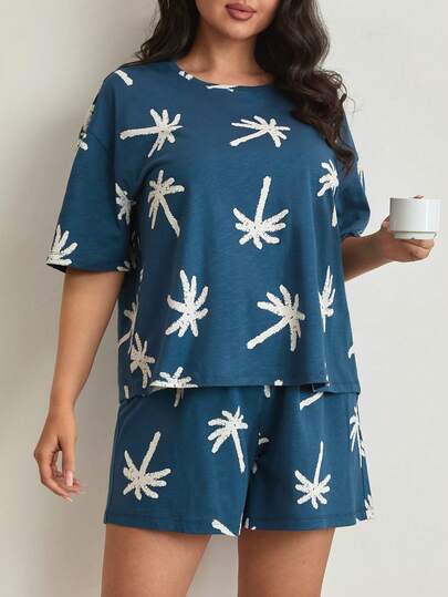 EURMUSE Women Plus Size Cotton Round Neck Contrast Colour Palm Tree Pattern Short Sleeve Shirt&Shorts Homewear Comfort Pajama Set Beach Pajama Sets Beach Pajamas For Women Women Pjs Set Women Lounge Wear Sets Lounge Wear Sets Summer