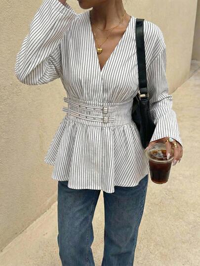 Modelyn 女士V领长袖条纹腰带扣荷叶边下摆时尚百搭通勤衬衫，竖条纹收腰度假上衣