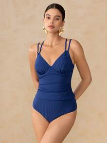Swim Chiccia Marineblau geripptes Textur Neckholder Tankini Top und Unterteil Badeanzug Set, geeignet für Strand, Urlaub, Schwimmen Vintage Badeanzug Tankinis für Frauen Bescheidener Badeanzug - marineblau - Übersicht 1