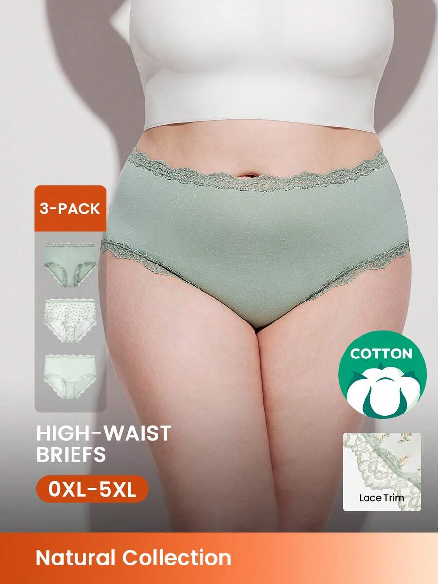 LUVLETTE Plus 3-Pack Lace Trim Cotton High-Waist Basic Briefs Women Underwear Panties Set- Floral Print Lace Trim-Green - Multicolor - View 1
