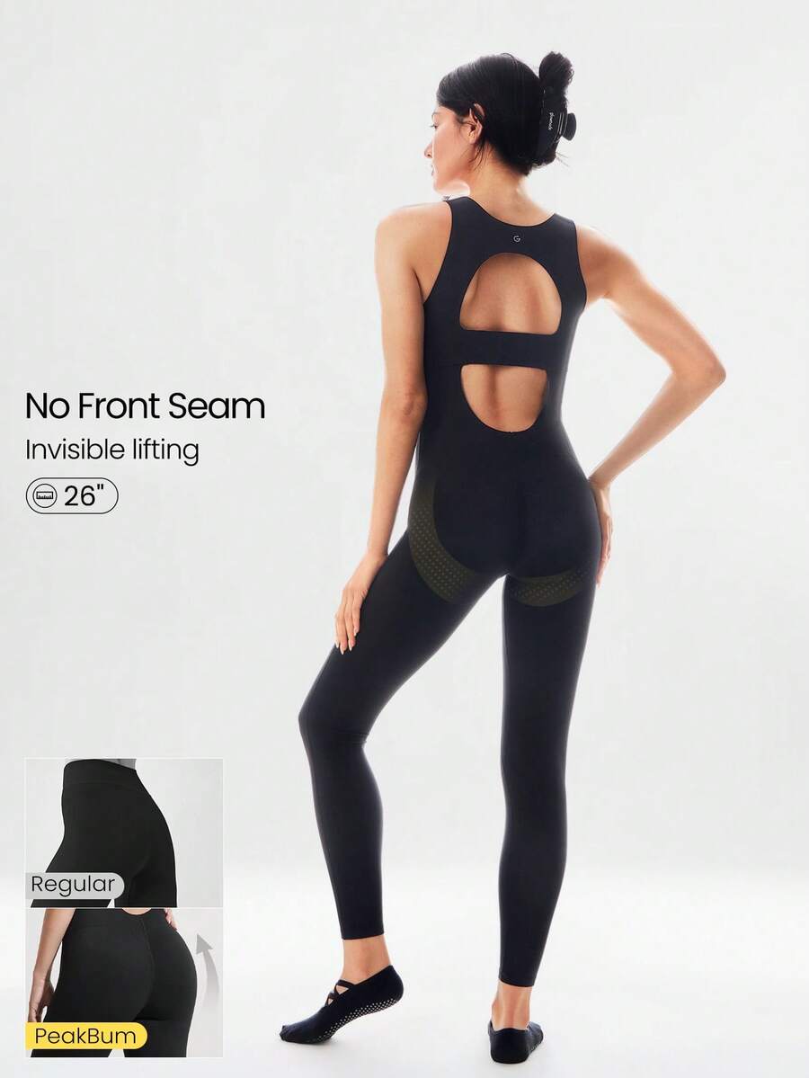GLOWMODE 26" FeatherFit™ Glow Hard Buttery-Soft Stretchy Sweat-Wicking Booty-Lifting Butt Scrunch Removable Cups Bodysuit Romper Low Impact Yoga Studio Daily Wear - Black - View 1