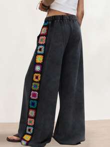 SoleilVie 女士新款抽绳腰带钩编拼接装饰阔腿裤，适合波西米亚风旅行装扮 - 黑色 - 查看 2