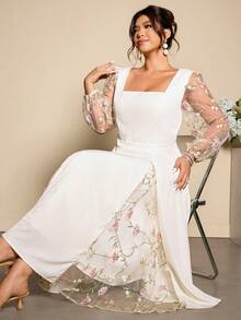 Cravure 加大码花卉刺绣方领灯笼袖连衣裙 - 杏色 - 查看 6