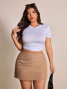 Elaquor Plus Size Solid Color Elastic Waist Skort , Spring/Summer - Khaki - View 3