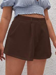 SHEIN Privé Plus Size Solid Color Pleated Loose Casual Versatile Shorts - Burgundy - View 3