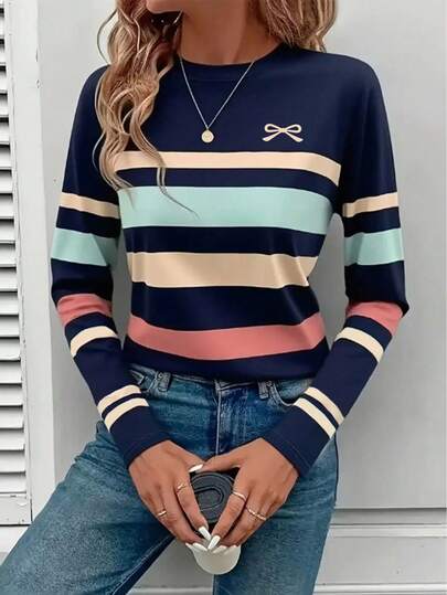EMERY ROSE Women's Long Sleeve T-Shirt, Mature Striped Pattern Print Top, Classic Design, Versatile, Suitable For Daily Wear And Outdoor, Autumn