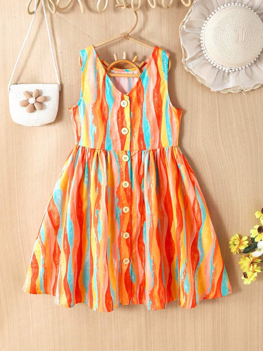 SHEIN Tween Mädchen Lässig ärmelloses Kleid aus gewebtem, farbigem Streifenstoff, Frühling/Sommer - Orange - Übersicht 1