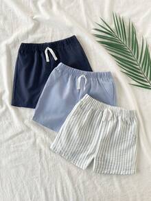SHEIN Playful Pals 3 Pack Toddler Boy Baby Boy Clothes Casual Style Solid And Striped Pattern Straight Leg Elastic Waist Soft Shorts Pants Trousers Sweatpants Bottoms Jorts Outfit Set For Vacation Beach Summer Outdoor Spring - Blue - View 5