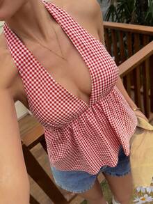 DAZY Beach Party Holiday Outfit Summer Cotton Red Plaid Halter Neck Cinched Waist Tank Top For Women - Red - View 6