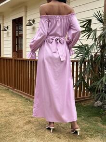 Livesso Rüschen-Saum Taille geraffte einfarbige Sommer Urlaubs Rosa Midi-Kleid für Frauen - Pink - Übersicht 2