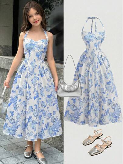 Girlism Vestido de flores de longitud media con cuello halter para niñas preadolescentes