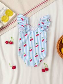 SHEIN Traje de baño de una pieza con estampado de fresa y falda de volantes de malla para niñas, lindo para vacaciones - Azul - Ver 2