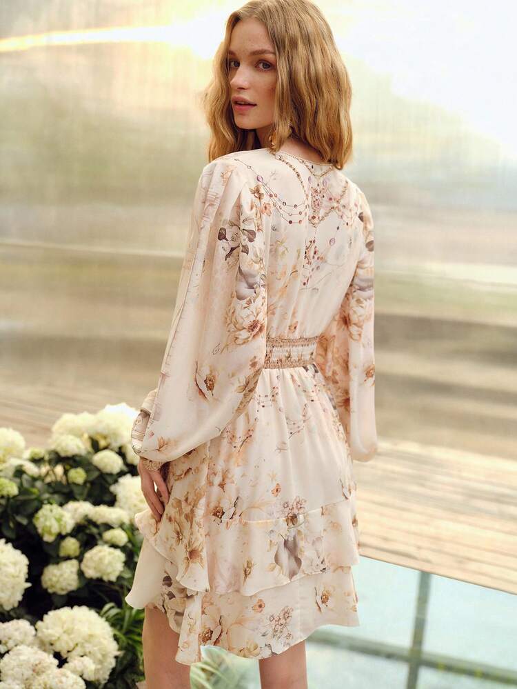 ROBE COURTE À MANCHES LONGUES AVEC TAILLE CINTRÉE ET IMPRIMÉ FLORAL ROMANTIQUE POUR FEMMES, PRINTEMPS/ÉTÉ