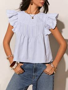 Poéselle 女士圆领短袖荷叶边褶皱条纹蕾丝边衬衫 - 藍色 - 查看 7