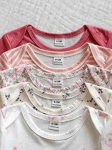 SHEIN Vintaside Kids 5件套女婴柔软舒适圆领纯色糖果连体衣，时尚休闲日常穿着，易于穿脱，短袖短裤款式，春夏款 - 彩色 - 查看 8