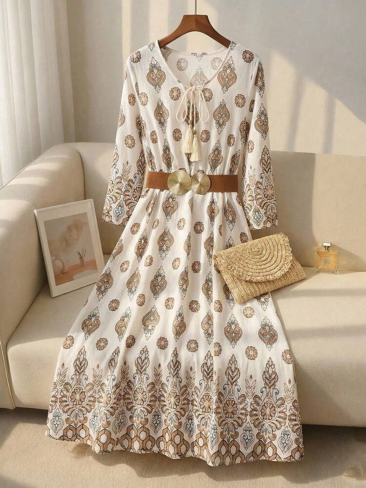 This Women's Spring/Summer Resort Dress Features A Soft White Base Adorned With Vintage Brown And Gold Floral Patterns, Exuding A Gentle And Sophisticated Feel With Its Warm Tones. The Floral Design Is A Courtly Decorative Motif, With Exquisite Details That Reveal A Retro-Chic Vibe. The Dress Features Mid-Length Drawstring Sleeves And A Cinched Waist With A Full Skirt. A Wide Belt Accentuates The Figure, While The Flowing Silhouette Balances Comfort And Elegance. Suitable For Spring And Autumn, This Dress Is Perfect For Casual Vacations And Artistic Gatherings. It Conveys An Elegant Style With Its Vintage Floral Pattern And Showcases Fashionable Taste With Its Cinched Waist, Making It A Top Choice For A Versatile Wardrobe That Combines Vintage Charm With Practicality.