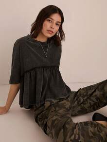 Easelle Camiseta de mujer de cuello redondo de punto casual de manga corta negra - Negro - Ver 6