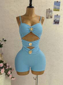 Soleia Vacation Outfits For Women Beach Outfits For Women Blue Women's Vacation White Knit Textured Metal Decor Fitted Jumpsuit, Suitable For Party, Date, Afternoon Tea, Music Festival, Beach Cruise, Summer Outfit - Green - View 3