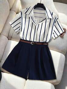 GlowEve 女士休闲条纹衬衫短裤两件套，夏季 - 黑與白 - 查看 1