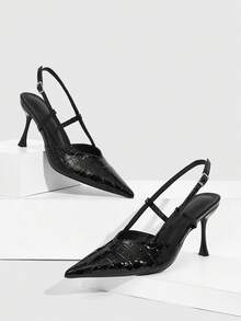 CUCCOO SZL Giày sandal cao gót mũi nhọn màu đen bóng, chất liệu giả đá, quai ngang mắt cá chân, kiểu dáng gợi cảm dành cho nữ, thích hợp cho các bữa tiệc. - màu đen - Xem 4