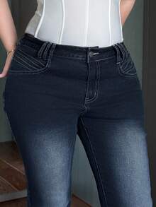 Dazy Plus Stretchy Skinny Sexy Distressed Flare Jeans, Versatile All-Season - Dark Wash - View 5